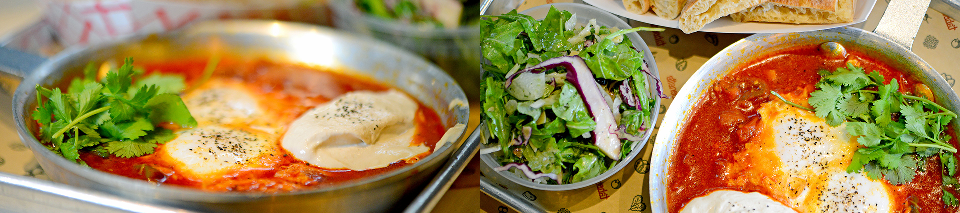 Dish with a tomato base and side salad